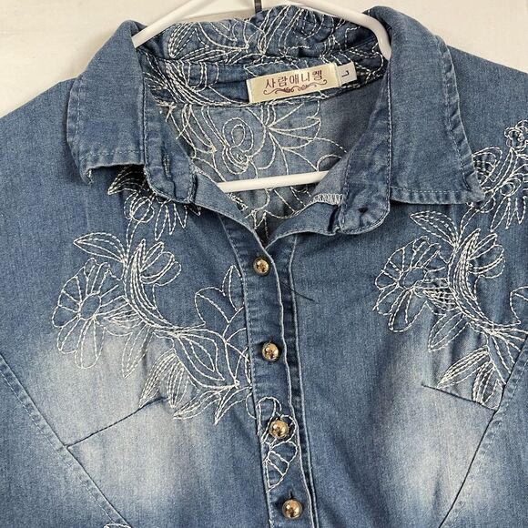 Korean Brand Embroidery Womens Slim Fit Denim Skirts Jean Dress Long Sleeve Sz L - Picture 3 of 12